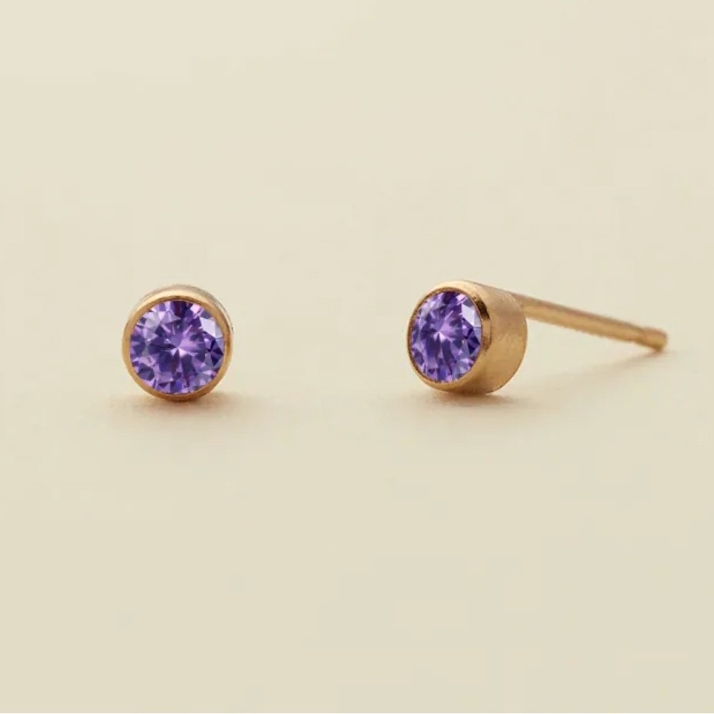 Purple Zircon Stud Earrings 4mm Gold Stainless Steel Faux Amethyst Birthstone